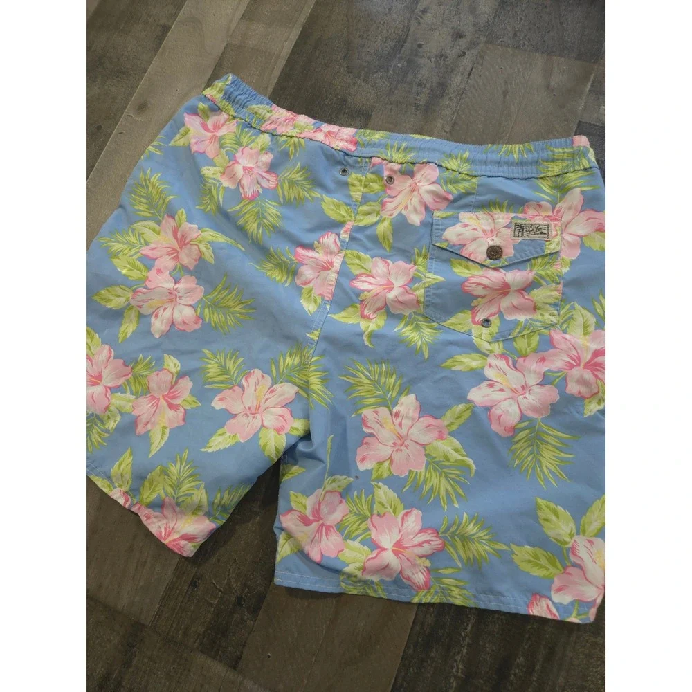 Polo Ralph Lauren Mens XL Blue Pink Hibiscus Floral Tropical Swim Trunks Shorts